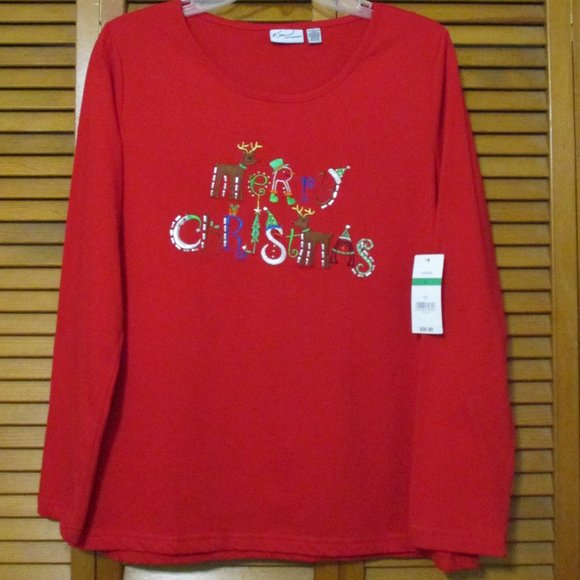 Kim Rogers NEW red, embroidered Merry Christmas soft & stretchy top size L - Picture 1 of 8